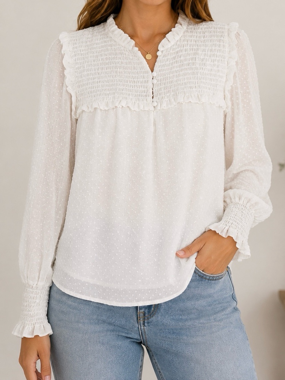 LOFT White Swiss Dot Smocked Ruffle Blouse Size Small
